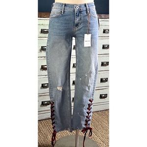 Anthropologie Pilcro Slim Straight Distressed Velvet Laced Tie Jeans NWT 26